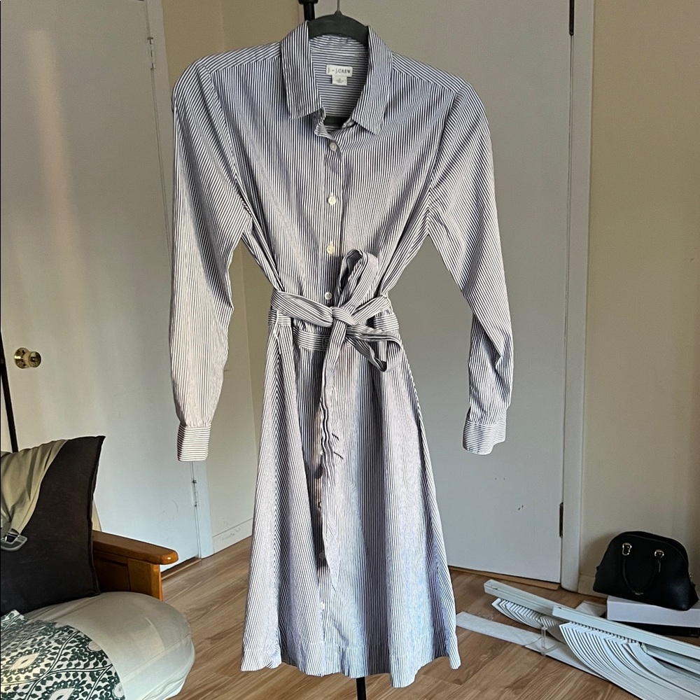 J. Crew Blue and White Pinstripe Long Sleeve Shirt Dress with Waist Tie
